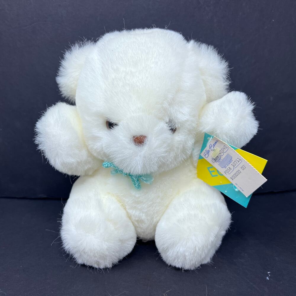 Eden White Teddy Bear Plush‎ Fuzzy 8" Seated Aqua Rope Bow VTG Lovey 1985 Tags